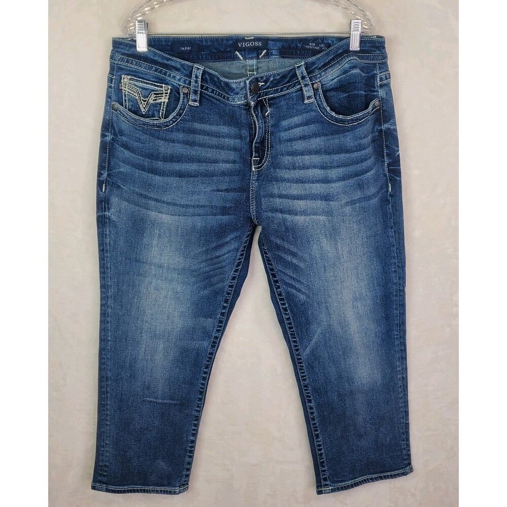 Vigoss Heritage Fit Blue Capri Jeans Stretch Thick Stitch V Pockets Women Sz 16